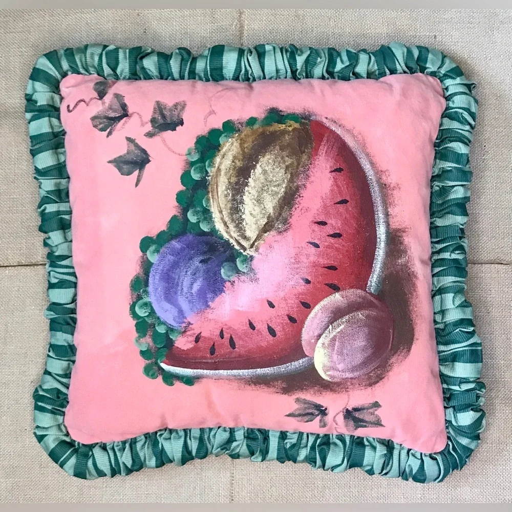 Watermelon Fruit Throw Pillow Hand Painted Pink Green Summer Whimsical Art Decor